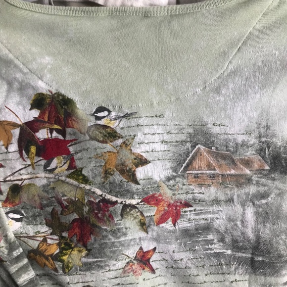 Pleasant Shade Tee Top 2x Birds Barns Leaves 3/4 Sleeve Cotton Bedazzled Bling - Picture 6 of 8